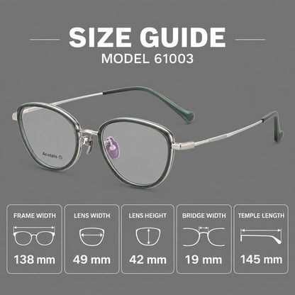 Upswept eyeglasses in acetate and titanium with softly rounded rims and tapered metal temples, size guide in millimetres additional product view