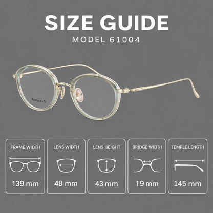 Round eyeglasses in acetate and titanium with a slim curved bridge and fine metal temples, size guide in millimetres additional product view