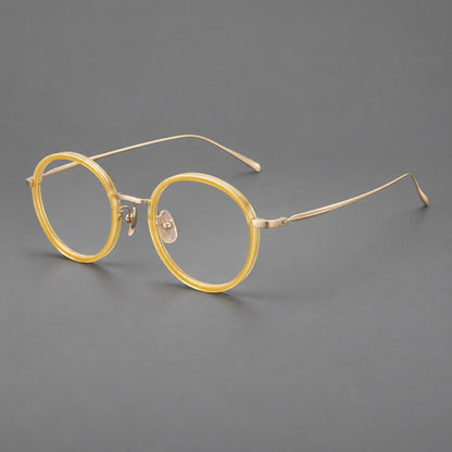 Classic round eyeglasses in acetate and titanium with slim rims and textured metal temples in Lemon Yellow / Gold, three quarter view additional product view