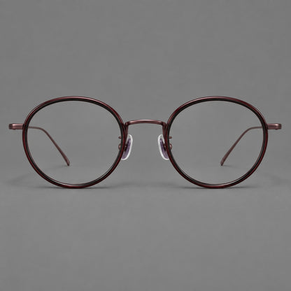 Classic round eyeglasses in acetate and titanium with slim rims and textured metal temples in Glossy Black / Wine Red, front view additional product view