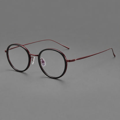 Classic round eyeglasses in acetate and titanium with slim rims and textured metal temples in Glossy Black / Wine Red, three quarter view additional product view