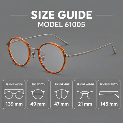 Classic round eyeglasses in acetate and titanium with slim rims and textured metal temples, size guide in millimetres additional product view