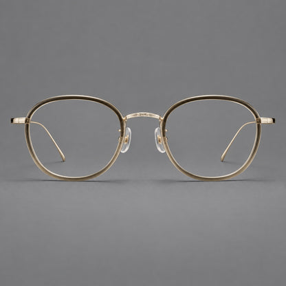 Vintage round eyeglasses in acetate and titanium with an engraved bridge and slender temples in Tea Gradient / Light Gold, front view temple detail