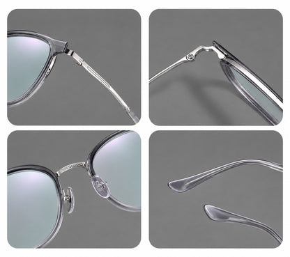 Vintage round eyeglasses in acetate and titanium with an engraved bridge and slender temples, frame details additional product view