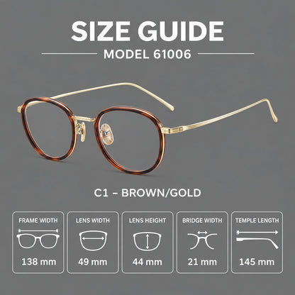 Vintage round eyeglasses in acetate and titanium with an engraved bridge and slender temples, size guide in millimetres additional product view
