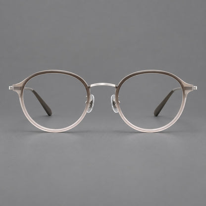 Softly rounded eyeglasses in acetate and titanium with a curved bridge and engraved temples in Tea Pink Gradient / Silver, front view temple detail