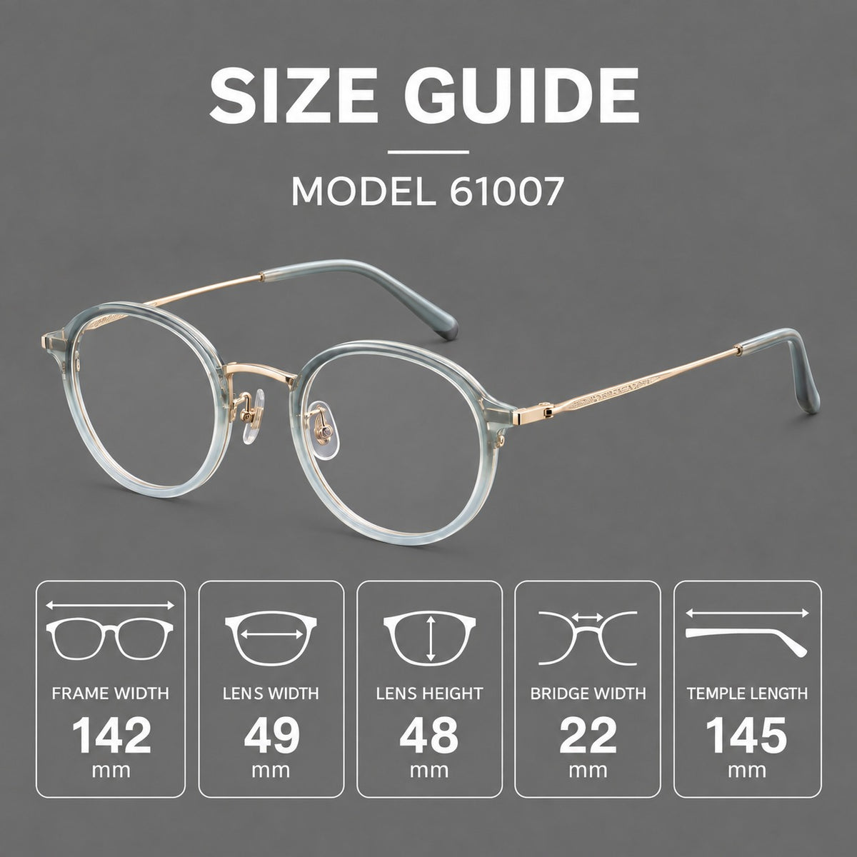 Softly rounded eyeglasses in acetate and titanium with a curved bridge and engraved temples, size guide in millimetres