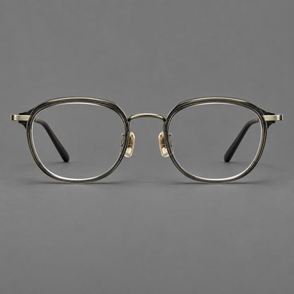Soft square eyeglasses in acetate and titanium with rounded corners and decorative metal temples in Ice Grey Tortoiseshell / Antique Gold, front view side view
