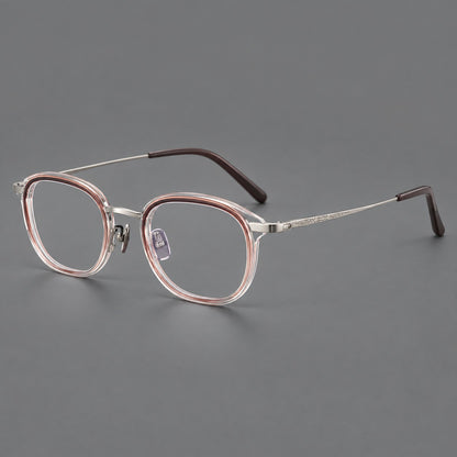 Soft square eyeglasses in acetate and titanium with rounded corners and decorative metal temples in Clear Tea Gradient / Silver, three quarter view lens detail