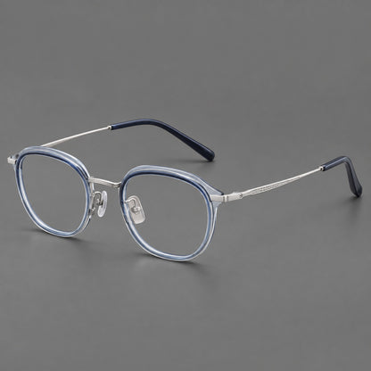 Soft square eyeglasses in acetate and titanium with rounded corners and decorative metal temples in Grey Blue Gradient / Silver, three quarter view additional product view