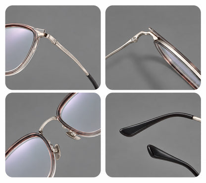 Soft square eyeglasses in acetate and titanium with rounded corners and decorative metal temples, frame details additional product view