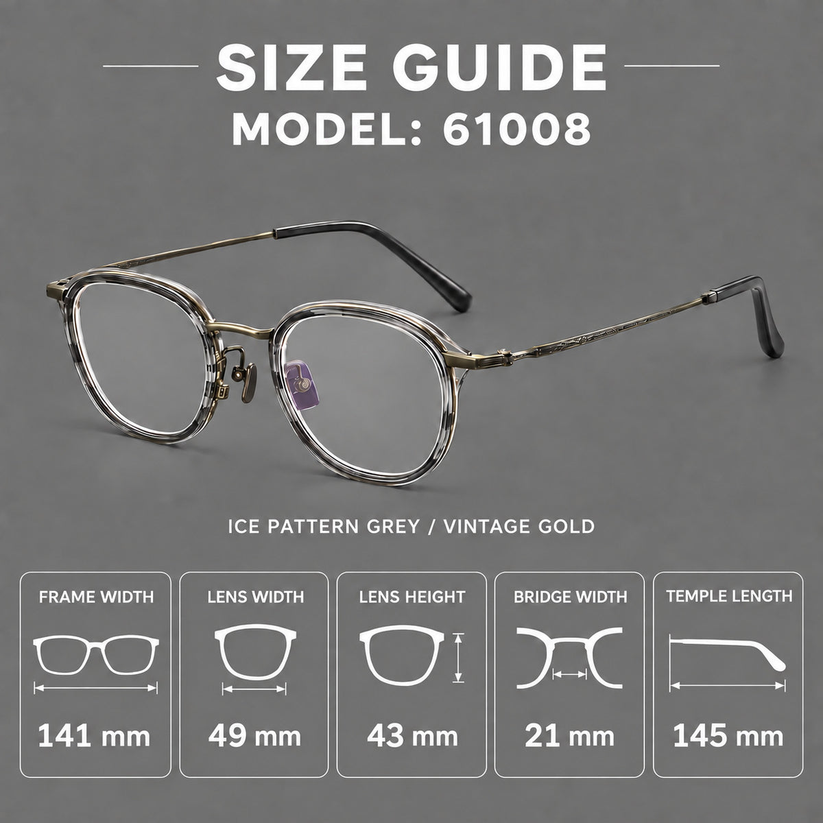 Soft square eyeglasses in acetate and titanium with rounded corners and decorative metal temples, size guide in millimetres