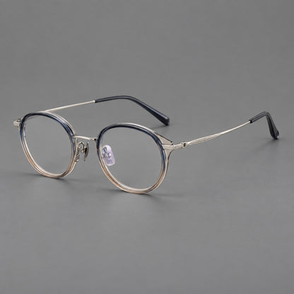 Retro panto eyeglasses in acetate and titanium with an arched bridge and engraved metal temples in Grey Blue Tea Gradient / Light Gunmetal, three quarter view additional product view