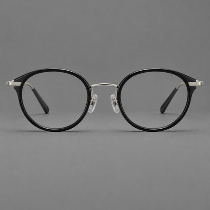 Retro panto eyeglasses in acetate and titanium with an arched bridge and engraved metal temples in Glossy Black / Matte Gunmetal, front view additional product view