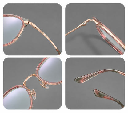 Retro panto eyeglasses in acetate and titanium with an arched bridge and engraved metal temples, frame details additional product view