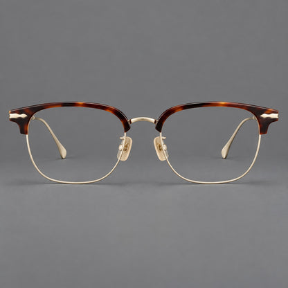 Browline eyeglasses in acetate and titanium with slim metal lower rims and decorative corners in Tortoiseshell / Gold, front view side view