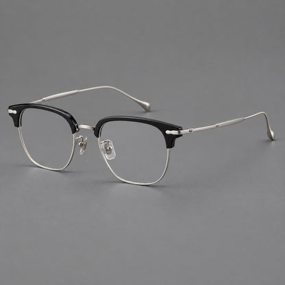 Browline eyeglasses in acetate and titanium with slim metal lower rims and decorative corners in Glossy Black / Silver, three quarter view additional product view