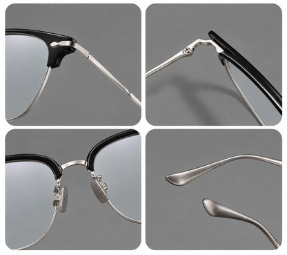 Browline eyeglasses in acetate and titanium with slim metal lower rims and decorative corners, frame details additional product view