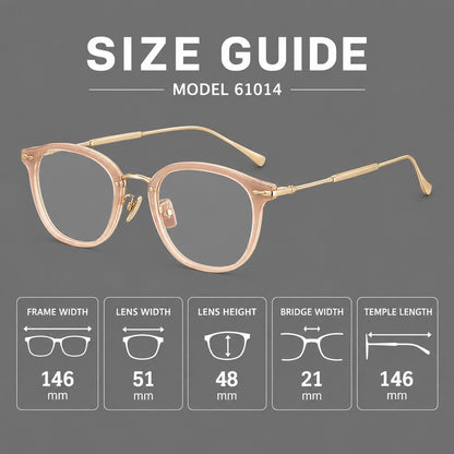 Panto eyeglasses in acetate and titanium with curved brows and decorative metal corner accents, size guide in millimetres additional product view