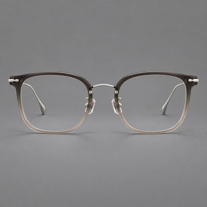 Retro square eyeglasses in acetate and titanium with rounded edges and sculpted corner accents in Mist Tea Gradient / Silver, front view temple detail
