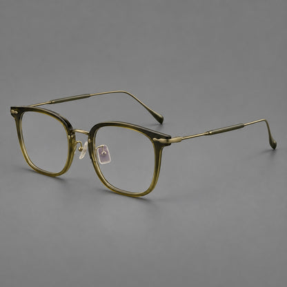 Retro square eyeglasses in acetate and titanium with rounded edges and sculpted corner accents in Green / Antique Bronze, three quarter view additional product view