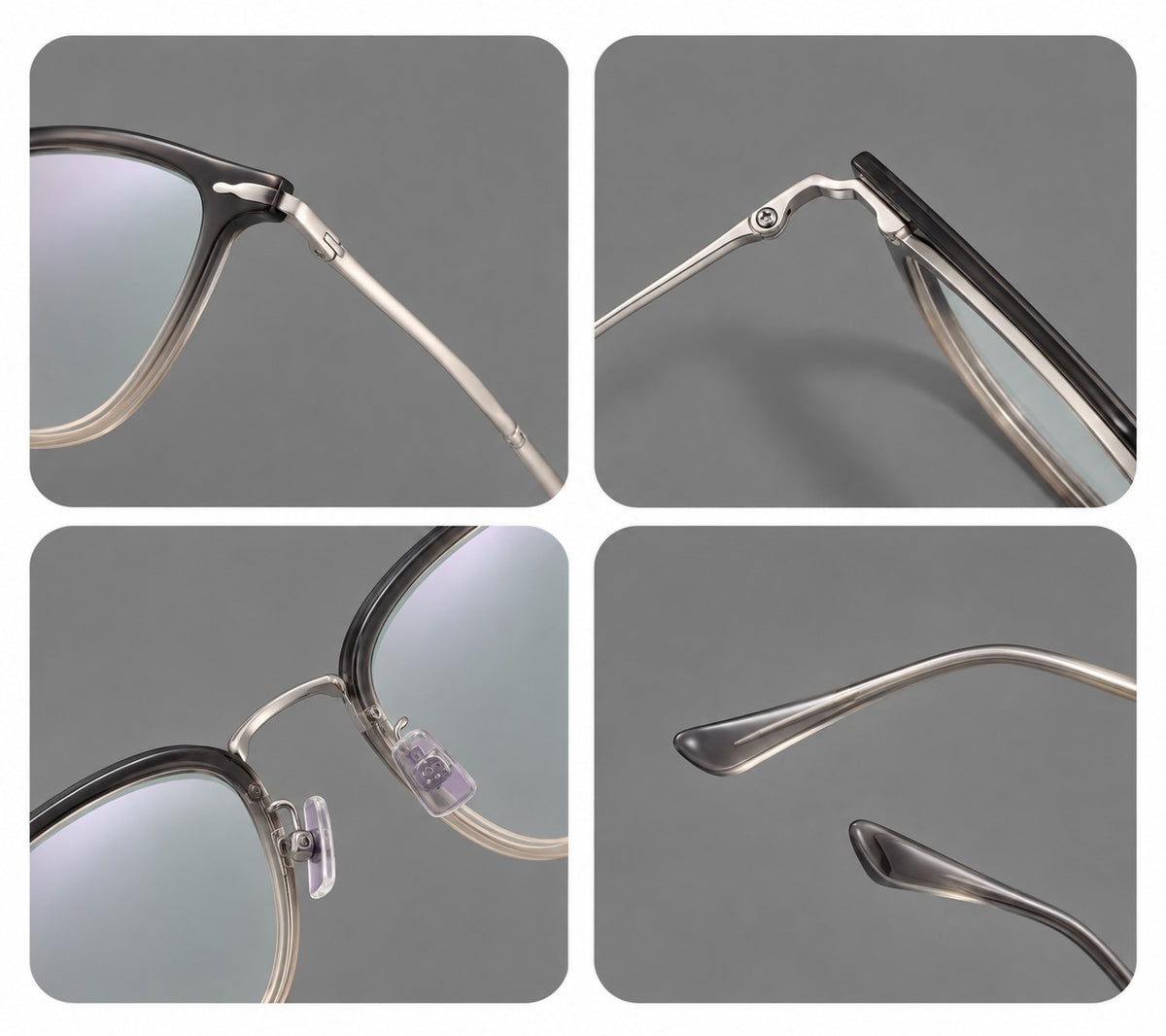 Retro square eyeglasses in acetate and titanium with rounded edges and sculpted corner accents, frame details