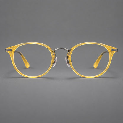 Vintage panto eyeglasses in acetate and titanium with raised brows and textured metal temples in Lemon Yellow / Gunmetal, front view additional product view