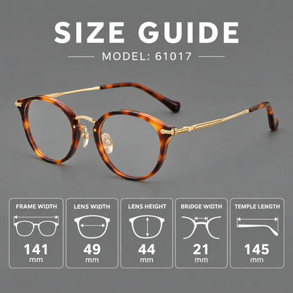 Vintage panto eyeglasses in acetate and titanium with raised brows and textured metal temples, size guide in millimetres additional product view