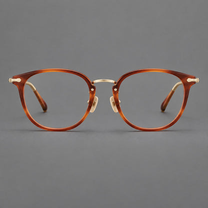 Classic soft square eyeglasses in acetate and titanium with engraved temples and corner accents in Amber Tortoiseshell / Gold, front view side view