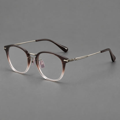 Classic soft square eyeglasses in acetate and titanium with engraved temples and corner accents in Tea Brown Gradient / Dark Grey, three quarter view front view
