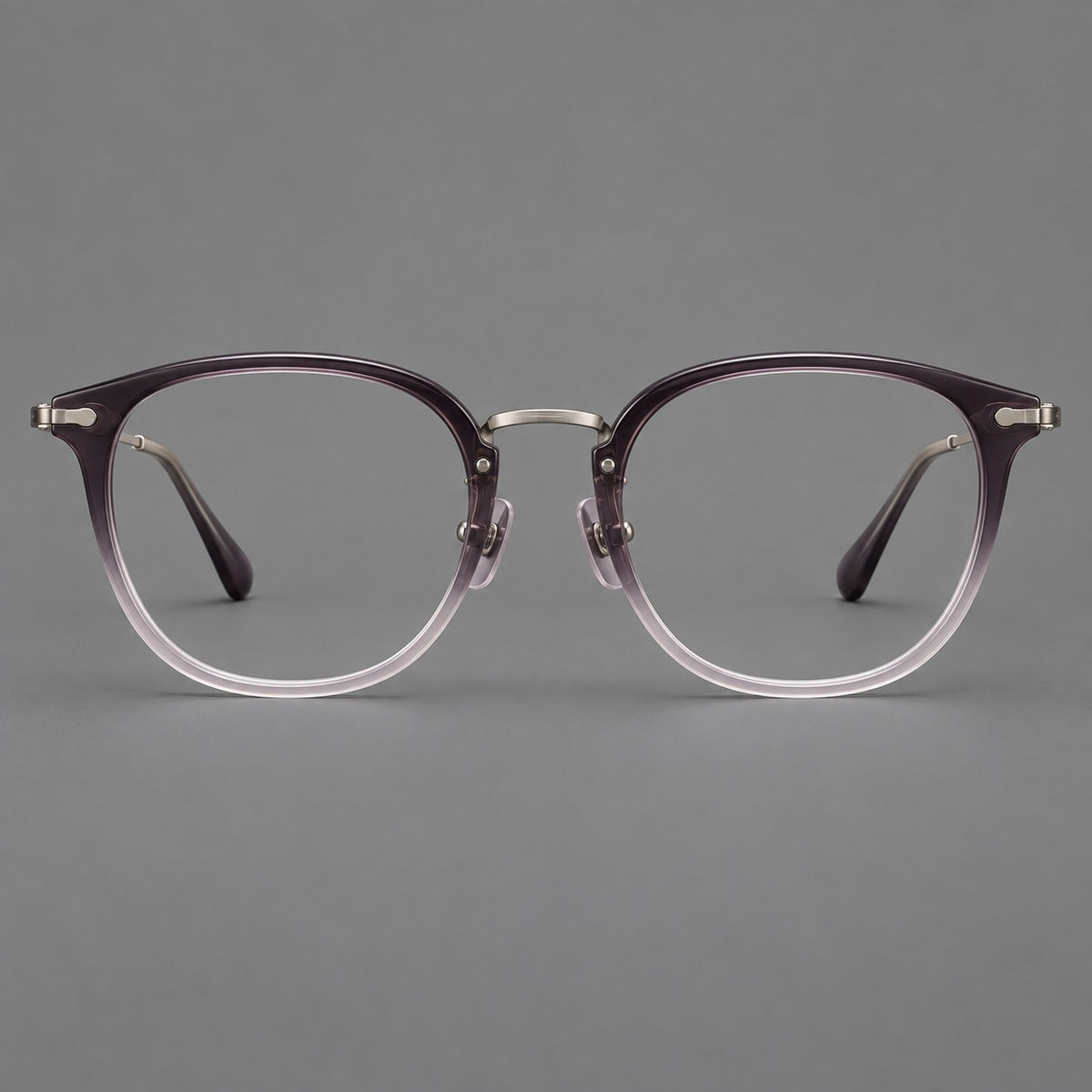 Classic soft square eyeglasses in acetate and titanium with engraved temples and corner accents in Purple Grey Gradient / Gunmetal, front view