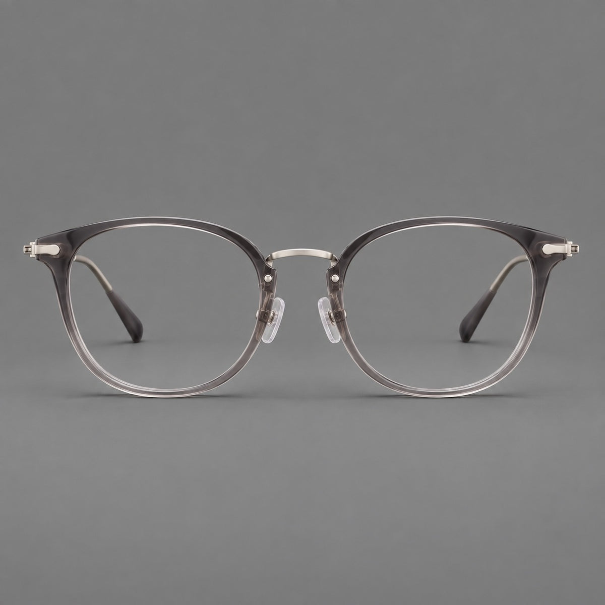 Classic soft square eyeglasses in acetate and titanium with engraved temples and corner accents in Mist Grey / Silver, front view