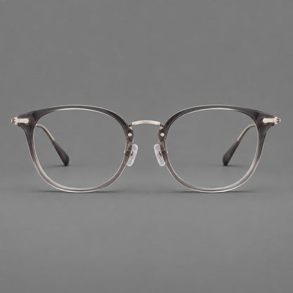 Classic soft square eyeglasses in acetate and titanium with engraved temples and corner accents in Mist Grey / Silver, front view additional product view