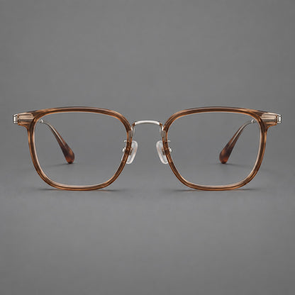 Soft square eyeglasses in acetate and titanium with wide upper corners and fine metal temples in Clear Tea / Silver, front view additional product view