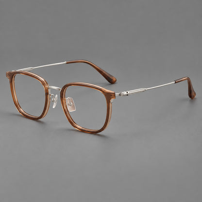 Soft square eyeglasses in acetate and titanium with wide upper corners and fine metal temples in Clear Tea / Silver, three quarter view additional product view