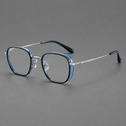 Rounded square eyeglasses in acetate and titanium with an arched bridge and engraved temples in Black and Clear Blue / Silver, three quarter view additional product view