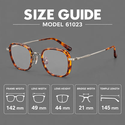 Rounded square eyeglasses in acetate and titanium with an arched bridge and engraved temples, size guide in millimetres additional product view
