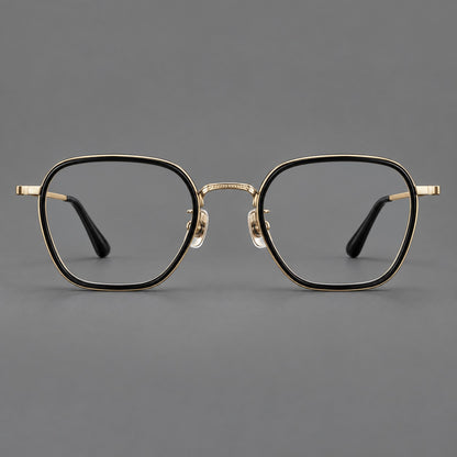 Soft square eyeglasses in acetate and titanium with slim rims and a finely engraved metal bridge in Glossy Black / Gold, front view temple detail