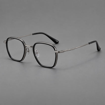 Soft square eyeglasses in acetate and titanium with slim rims and a finely engraved metal bridge in Glossy Black / Gunmetal, three quarter view additional product view