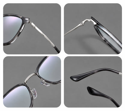 Soft square eyeglasses in acetate and titanium with slim rims and a finely engraved metal bridge, frame details additional product view
