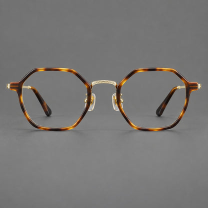 Geometric eyeglasses in acetate and titanium with octagonal rims and a textured metal bridge in Amber Tortoiseshell / Light Gold, front view side view