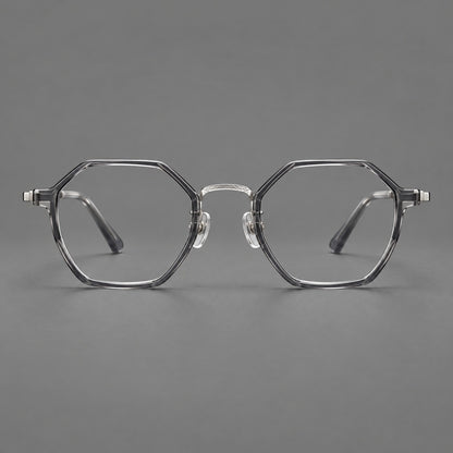 Geometric eyeglasses in acetate and titanium with octagonal rims and a textured metal bridge in Clear Mist Grey / Silver, front view frame detail