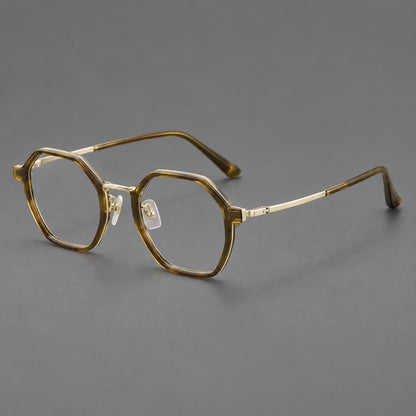 Geometric eyeglasses in acetate and titanium with octagonal rims and a textured metal bridge in Clear Tea Green / Light Gold, three quarter view additional product view
