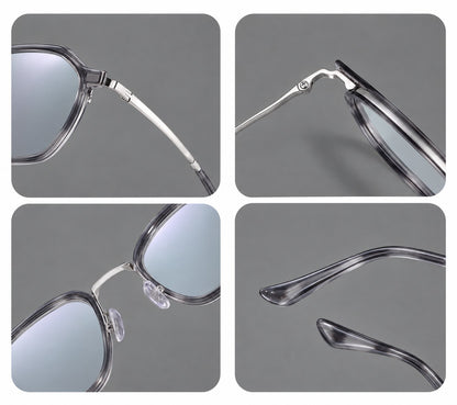 Geometric eyeglasses in acetate and titanium with octagonal rims and a textured metal bridge, frame details additional product view