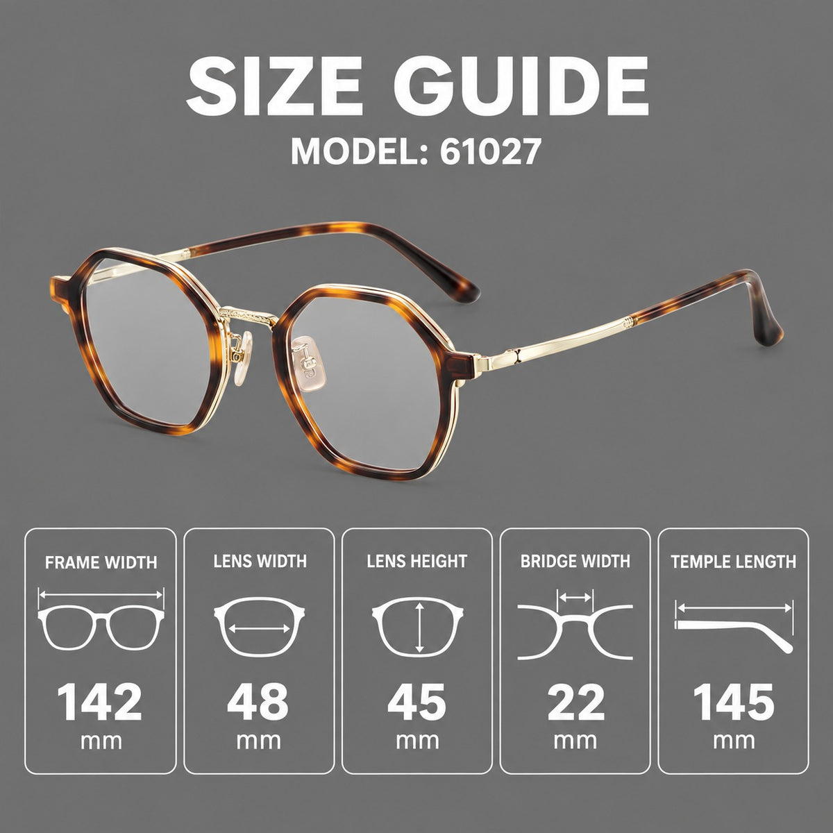 Geometric eyeglasses in acetate and titanium with octagonal rims and a textured metal bridge, size guide in millimetres