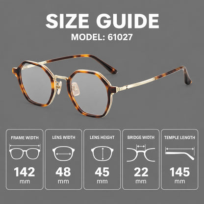 Geometric eyeglasses in acetate and titanium with octagonal rims and a textured metal bridge, size guide in millimetres additional product view