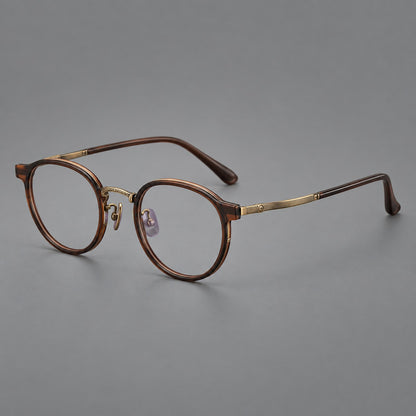 Round eyeglasses in acetate and titanium with widened outer corners and slender metal temples in Coffee Brown / Antique Bronze, three quarter view additional product view