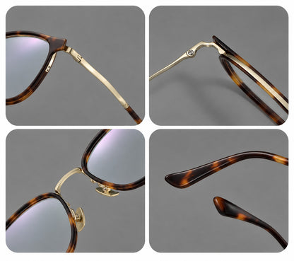 Round eyeglasses in acetate and titanium with widened outer corners and slender metal temples, frame details additional product view