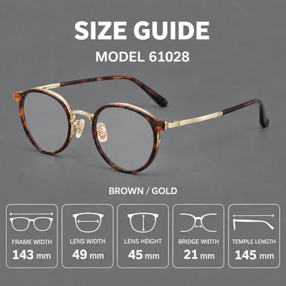 Round eyeglasses in acetate and titanium with widened outer corners and slender metal temples, size guide in millimetres additional product view