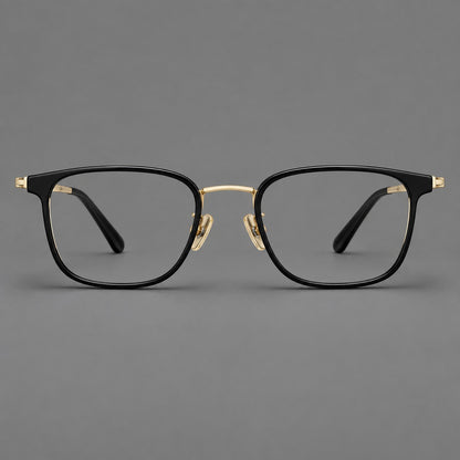 Rounded rectangular eyeglasses in acetate and titanium with bold corners and engraved metal temples in Glossy Black / Gold, front view temple detail